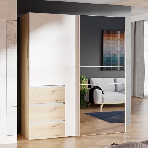 Forte Winn 2 Kleiderschrank 170, moderner Schwebetürenschrank, 2-türig, 3 Schubladen, Spiegel, Schlafzimmer, Artisan Eiche Holzdekor|Weiß, 170,3 cm breit x 200,5 cm hoch x 61,2 cm tief