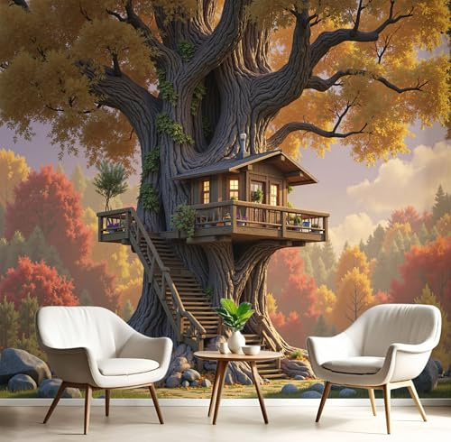 ANALTIRCE Mural Wallpaper Autumn Enchanting Forest Non-Woven Art Ancient Treehouse Print Wall Mural Decoration Poster Picture, Modern Living Room Bedroom Wall Wallpaper 200×150cm