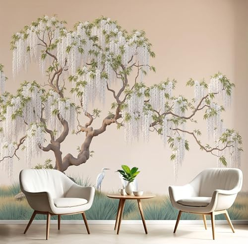 JEDTAKCT 3D Papier Peint Glycine Du Japon Beige Papier Peint Panoramique Pour Salon Chambre Salon Mural Fresque Poster Xxl Paysage Traditionnel Fond Décoration Murale 350X256Cm (L X H)