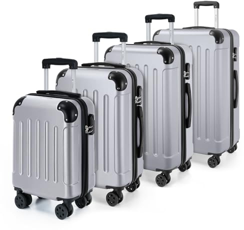 YONSLY Gepäckset Suitcase, Reisekoffer, Trolley Rollkoffer Handgepäck, Hartschalenreisekoffer mit 360° Lenkrollen, Zahlenschloss, Mehrstufiger Teleskopgriff (S-M-L-XL-Set, Silber)