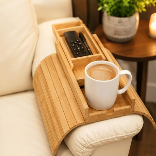 2 in 1 Sofa Arm Tray, Couch Arm Table with Cup Holder, Foldable Bamboo Sofa Armrest Tray, Non-Slip Couch Armrest Table Organizer for Drinks, Snacks, Remote Control, Phone and Magazine