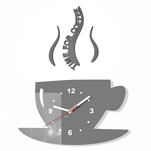 FLEXISTYLE Tasse Time for Coffee (Zeit für Kaffee) Moderne Küche Wanduhr grau, 3D römisch, wanduhr deko, 32 x 19cm