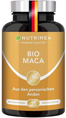 Maca Bio Kapseln & Ohne Zusätze | 1500 mg Hochdosiert | Nutrimea | 100 % natürlich | GVO-frei | Macawurzel|Extrakt aus Peruanischen Anden | 90 Vegane Kapseln | Premium Qualität