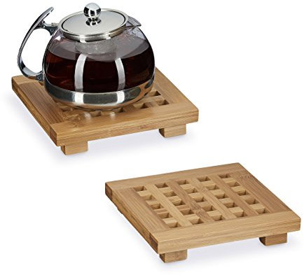 Relaxdays Untersetzer 2er Set quadratisch Bambus, Topfuntersetzer aus Holz für Töpfe, Pfannen, Teller, abwischbar, HBT ca. 4 x 20 x 20 cm, natur