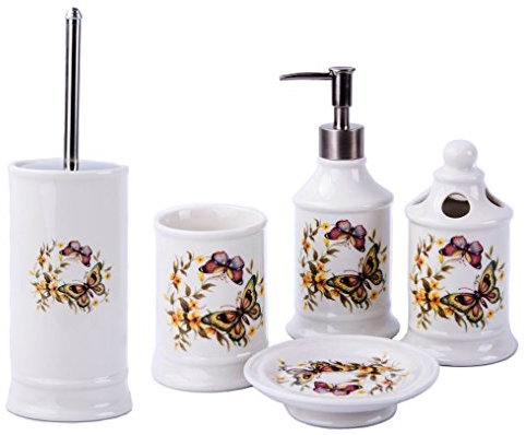 GMMH Landhaus Vintage-Juego de Accesorios para baño (dispensador de jabón, escobilla de cerámica, 5 Unidades), Morado, 5 er Set