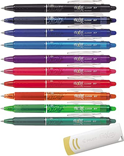 Pilot BL-FR7 Frixion Tintenroller, radierbar, 0,7 mm Spitze, 10er Clicker | mit Radierer – farbig