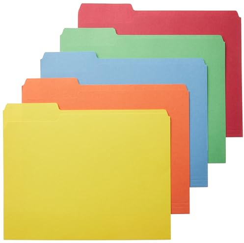 Amazon Basics Sturdy File Folders with Tabs for Filing and Organization, AMZ401, Letter Size, Assorted Colors, 100-Pack