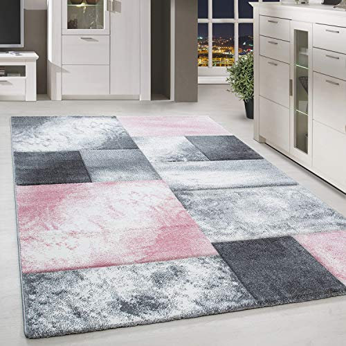 HomebyHome Teppich Wohnzimmer 160x230 cm Rosa Kariert Konturschnitt Design - Schlafzimmer Teppich Kurzflor Extra Weich Pflegeleicht Teppiche für Küche Esszimmer Jugendzimmer - Carpet Living Room