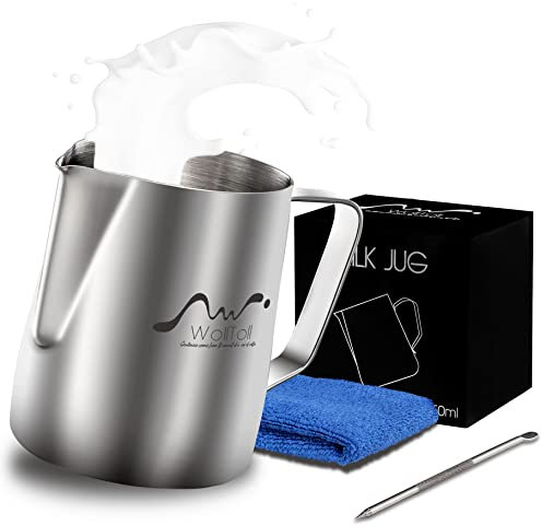 Stainless Steel Milk Frothing Pitcher, 12oz/350ml Milk Coffee Cappuccino Latte Art Frothing Pitcher Barista Milk Jug Cup, Measurements on Both Sides Inside Decorating Art Pen & Microfiber Cloth