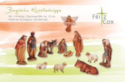Fritz Cox Weihnachtskrippenset Bayrische Künstlerkrippe, 16 teilig, handbemalt, im Geschenkkarton, vom Designer Karl Van Meegen entworfen