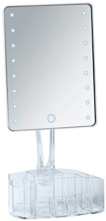 WENKO LED Standspiegel mit Organizer Trenno, Kosmetikspiegel mit LED-Beleuchtung, Schminkspiegel dreh- schwenkbar, Touchfunktion für dimmbare Helligkeit, batteriebetrieben, 17 x 36 x 12,5 cm