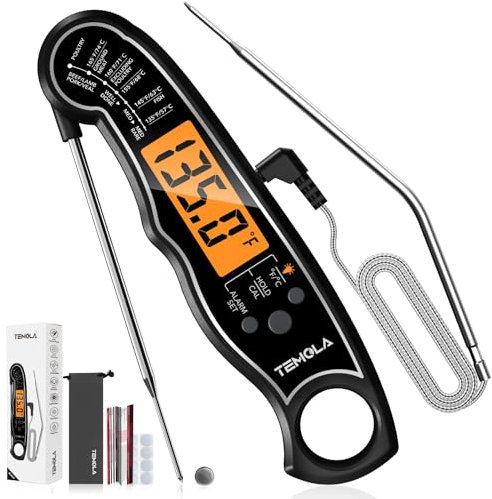 Termometro Cucina, 2 in 1 Sonde Termometro da Cucina, Lettura Istantanea LCD Termometro Forno con Set di Allarme per Sonda Cablata Extra Sicuro per il Forno Carne BBQ Vino Liquidi