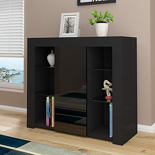 Panana Sideboard Cupboard Unit 4 Glass Shelves Cabinet RGB LED Lighted 37x13.78x32.68inch (Black)