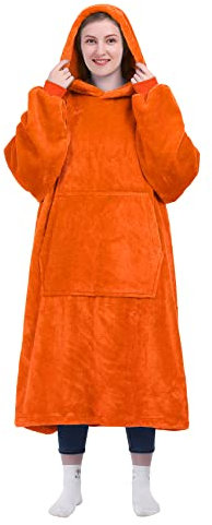 KPBLIS Wearable Blanket Hoodie Gifts for Women and Men, Cozy and Warm Fleece Oversized Hooded Blankets Sweatshirt with Sleeves and Giant Pocket for Adults, Orange