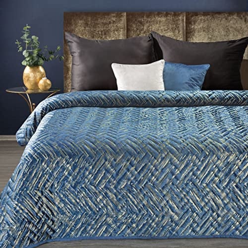 Eurofirany - Tagesdecke Bettüberwurf elegant - Sofadecke - weiche Decke Samtdecke glänzend - Dunkelblau & Gold - 170x210 cm