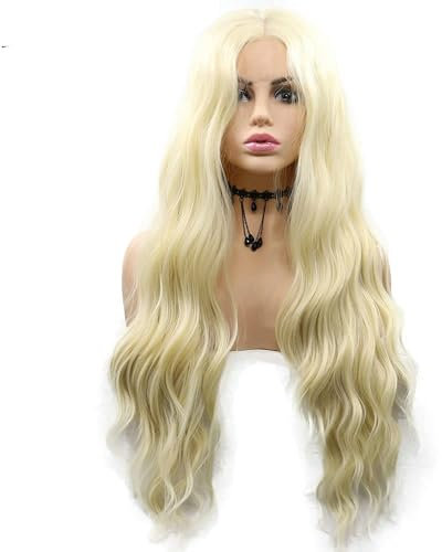 Drag Queen Perücke blond Wasserwellen Lace-Front-Perücke für Damen Mittelteil 66 cm natürlich aussehend