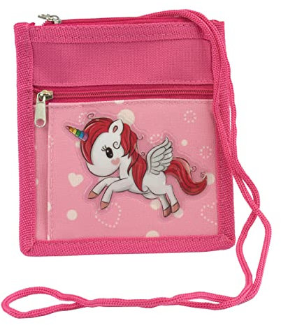 Stefano Kinder Mädchen Reisegepäck Brustbeutel Kitatasche Kinderbrustbeutel Busfahrkartenbeutel Kinderbeutel Geschenk für Kinder Einhorn Unicorn pink ros