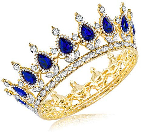 ROLVK Rhinestone Cake Topper Crown Fancy Party Cake Decoration Princess And Prince Headpiece (Gold-blue)