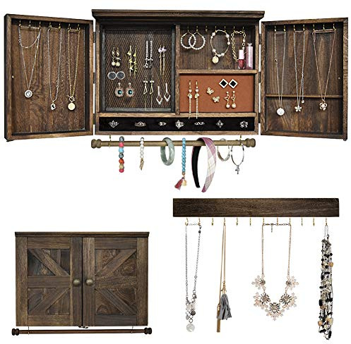 MULIFEE Organisateur de bijoux mural rustique en bois vintage à suspendre avec porte décorative pour colliers, boucles d'oreilles, bracelets, bagues, accessoires Comprend un crochet de rangement