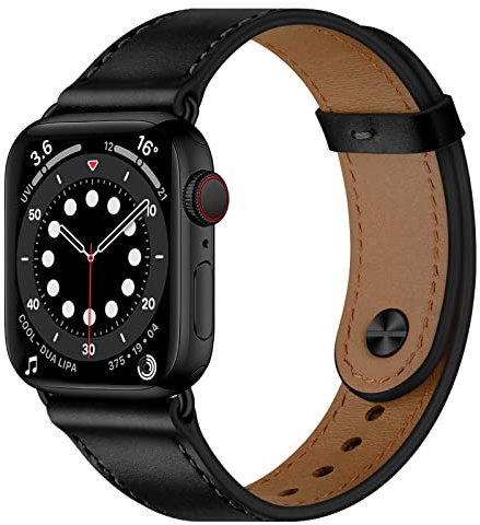 Miimall Genuine Leather Strap for Apple Watch 49mm 46mm 45mm 44mm 42mm, Replacement Band with Snap Buckle, Soft Breathable Adjustable Strap for iWatch Ultra 2 SE2 Series 10 9 8 7 6 5 4 3 2 1-Black
