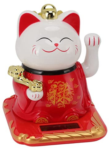 Glückskatze mit Winkendem Arm Lebendige und liebenswerte Chinesische Katze Solar Glückskatzen Statue für Heim Büro und Auto Dekoration (Rot)