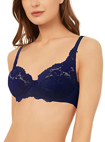 VANEVER Women’s Lace Bra, Comfortable Women’s Bras, Sexy Bra with Underwire & No Padding Cups, Breathable & Non-Chafing Ladies Underwear, Support, Navy 36D