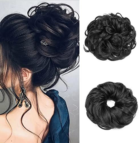 Cybelleza Haarteil Haargummi Haarverlängerung Pferdeschwanz 35g Haarteil Mit Gummiband Dutt Updo Hochsteckfrisuren Gelockt Haarband Gewellt Lockiges Messy Bun für Damen (Schwarz)