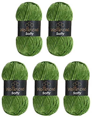 Wollbiene Softy 5 x 100 Gramm chenille wolle zum häkeln Strickwolle, Babywolle, 500 Gramm Chenille Wolle Super Bulky crochet yarn (froschgrün 34)