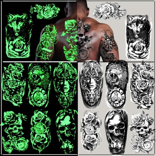 24 Feuilles de Tatouages Temporaires Phosphorescents, Loup Tigre Lion Tête de Mort Autocollant de Tatouage pour Femmes Hommes Enfants, Petit Tatouage pour Halloween Rave Festival Accessoire de Fête
