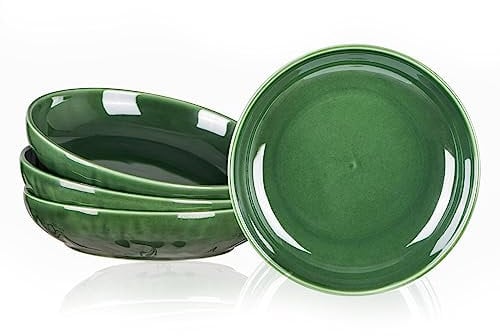 vicrays Salad Pasta Serving Bowls - Large Ceramic Wide Shallow Bowls Set 47 Ounces Big Dinner Plates Bowls Porcelain 10 Inch Low Flat Design Soup Bowl Microwave Dishwasher Safe (Green)