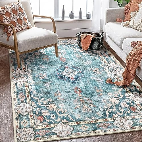 MUJOO Boho-Teppich für Schlafzimmer, Wohnzimmer, Esszimmer, maschinenwaschbar, rutschfest, für Büro, Wohnheim, Nachttisch, Küche, Waschküche, Akzent, weich, blau, Blumenmuster