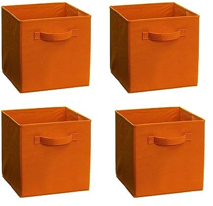 JaHECOME Set of 4 Fabric Storage Boxes Orange Foldable Cube Storage Boxes Storage Bins Organizer Basket with Handles for Drawers Shelves in Bedroom, Nursery Office, Playroom (ORANGE)