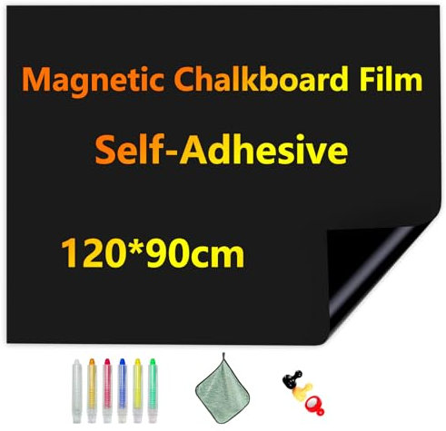 JOMUSAGA Tafelfolie Magnetisch Selbstklebend, 120 x 90 cm Magnetfolie, Abwischbar Kreidefolie, Magnettafel Folie Kind Wand für Haus Büro Schule, mit Wasserbasierende Kreidemarkern& Magnete & Tuche