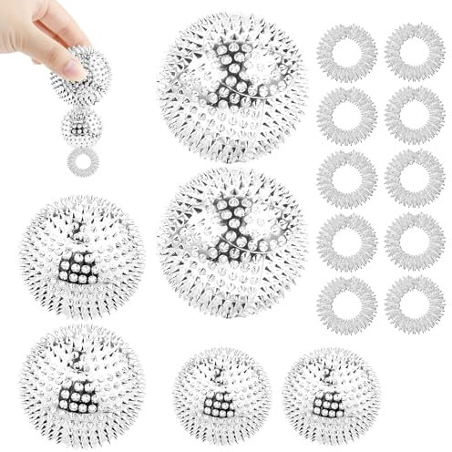 16 Stück Magnetisch Akupressur Massageset, 6* Magnetic Massageball(32 mm/47 mm/56 mm) & 10* Finger Akupressurring, Skills Metall Igelball Massageset für Lindern Sie Stress Ängste, Massage, Handübungen