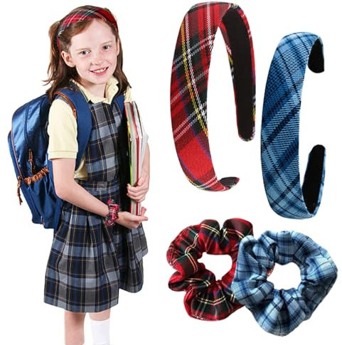 TRKETK 2 Pièces Bandeaux Tartan, Vintage Alice à Carreaux écossais Serre Têtes Bandeau à cheveux en tissu tartan avec Chouchous Tartan pour Cheveux pour Femmes et Filles (Rouge + Bleu)