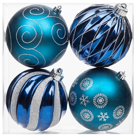 12cm Large Baubles Ornaments 4 Pcs Shatterproof Balls Set - Big Blue Xmas Colorful Painted Sparkling Decorations for Christmas Tree, Halloween Holiday Party