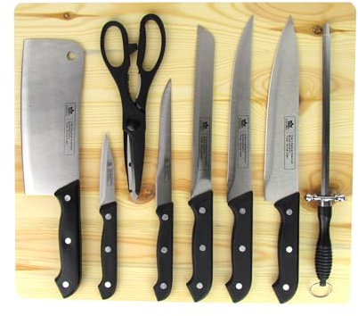 Set di 9 coltelli con tagliere in legno | composto da 1 pezzo di accetta, forbici universali, per filetto, pane, carne, disossamento e cuoco – acciaio per affilare, tagliere in legno, lavabile in