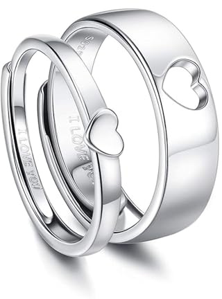 QKEOISUD I Love You Couple Ring,Heart Hollow Ring Adjustable Silver White Copper Suitable for Him and Her Couples Promise Rings Engagement Wedding Presents