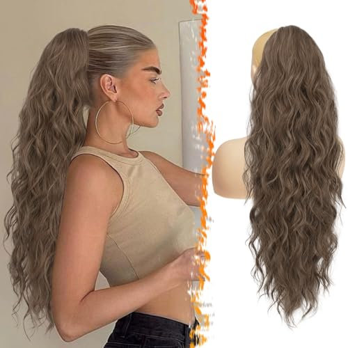 BARSDAR Pferdeschwanz Haarteil Asch Braun, 66cm Lang Lockige Wellige Zopf Pferdeschwanz Haarverlängerung mit Kordelzug für Damen Synthetik Clip in Ponytail Extension - Asch Braun Gemischtes