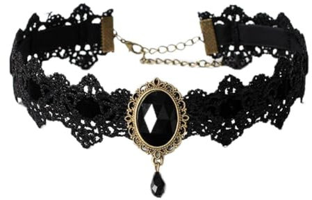 LYQNIHOB Gotischer Choker für Damen mit Spitze, Quaste und Kristallanhänger - Retro Halskette für Halloween, Fasching & Karneval - Schwarz im Gothic Punk Tattoo Stil - 1 Stück