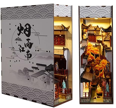 Book Nook Kit, Miniatur-Puzzle-Buchstütze „Historische Gasse“ aus China, DIY-Dekoration für Bücherregal-Einsatz aus Holz mit Sensorlicht