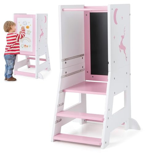 GOPLUS Tour d'Observation Montessori Enfants Bois avec Tableau Blanc, Tableau Noir, 3 Feutres, Tour d'Apprendissage Plate-Forme et Marches Réglables, Garde-Corps Amovible pour 1-7 Ans (Rose)