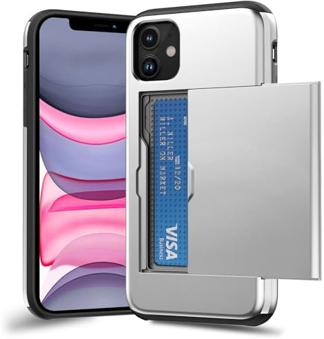 ACOCOBUY for iPhone 11 Case with Card Holder Sliding Cover Hidden Pocket IDs Credit Cards Slot Heavy Duty Shockproof Protective Dual Layer Wallet Phone Cover Back Shell for Men Women 6.1 inch Silver