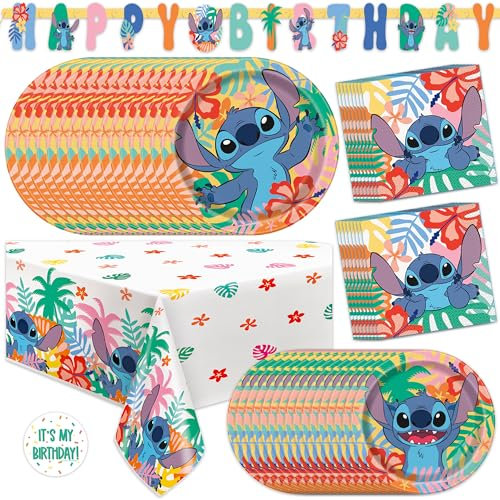 Lilo and Stitch - Decoraciones de fiesta de cumpleaños para 16 años | Pancarta, mantel, platos de puntada y servilletas, calcomanía, decoraciones de cumpleaños de Stitch | Producto oficial