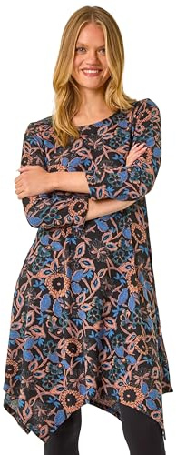 Roman Hanky Hem Swing Dress with Pockets for Women UK Ladies Asymmetric Hemline Stretch Jersey 3/4 Sleeve Winter Smart Casual Work Office Knee Length Tunics - Navy Multi - Size 10