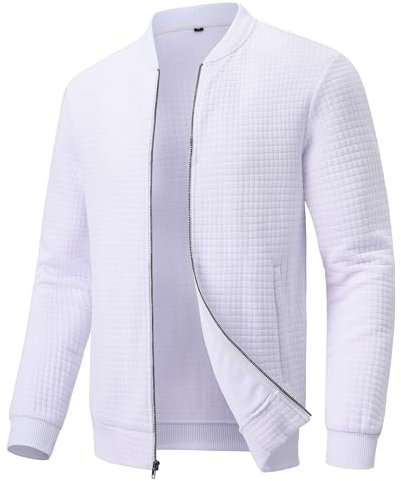Huayuzh Jacke Herren Bomberjacke Winter Karierten Jacquard Freizeit Alltag Leicht übergangsjacke mit Reißverschlusstasche Weiß L