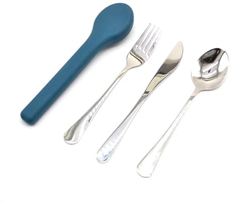 Lot de 3 couverts portables en acier inoxydable avec étui en silicone (fourchette, cuillère, couteau) pour camping, école, pique-nique, bureau, voyage (bleu turquoise)