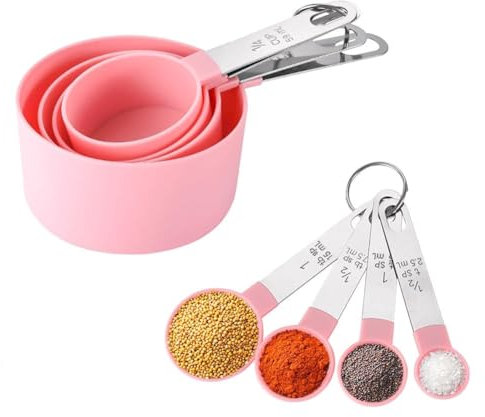 8 Stück Messlöffel Set, Cup Messbecher Set Edelstahl für Messen Flüssigkeiten und Feststoffe mit 4 Measuring Cups und spoons, Messwerkzeug von Küchen, Dosierlöffel Küchengeräte (Rosa)