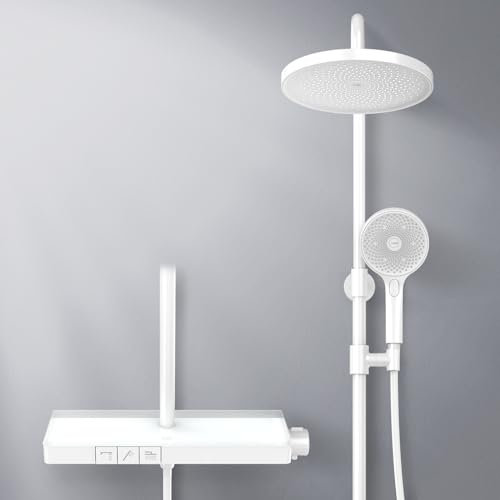 EMKE Colonne de douche thermostatique, douche à main avec 3 modes de jet, plaque thermostatique de 40 cm, blanc mat, hauteur réglable 855-1155 mm, douche de pluie, température constante à 38 °C