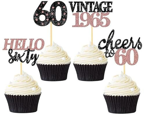 24 Pcs Glitter 60th Birthday Cupcake Toppers for Celebrating Sixty Years Old Birthday Party Decorations (Black&Rose Gold)